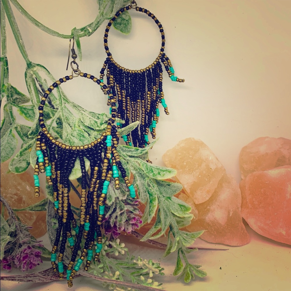 Boho beaded chandelier earrings TEAL GOLD & BLACK